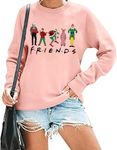 RFBIQI Christmas Friends Sweatshirt Women Funny Cartoon Graphic Pullover Top Christmas Movie Shirt Xmas Party Long Sleeve Tee, Pink, Large