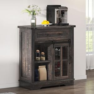 DWVO Farmhouse Coffee Bar Cabinet, 32” Sideboard Buffet Cabinet with Drawer & Adjustable Storage Shelves, Storage Cabinet with Sliding Barn Door for Kitchen and Living Room, Dark Rustic Oak