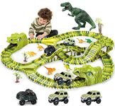 burgkidz Dinosaur Kids' Play Car Race Tracks, 260 Pcs Flexible Dinosaur Train Track with 7 Dinosaurs Figures, 3 Race Cars Vehicle Playset with Lights to Create A Dinosaur World for Boys Girls Ages 3+