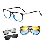 grey jack Rectangle 3D Clip On Glasses,4PCS TR90 Spectacle Frame for Myopic Men Women GJ6074 Black Blue/Silver