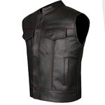 SOA Men's Leather Vest Anarchy Motorcycle Biker Club Concealed Carry Gun Pockets Single Back Panel Outlaws BlackRed XL