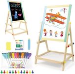 Okalinq Easel for Toddlers 2-4 Years, Art Easel for Kids, Portable White Board and Chalk Board, Adjustable Wooden Kid Easel with Markers Set, Gift for Children