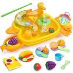 CUTE STONE Toy Sink with Running Water, Play Sink Toy with Upgraded Electric Faucet, Water Slide Track & Pool Floating & Fishing Toys for Kids, Pretend Play Kitchen Toys for Boys Girls