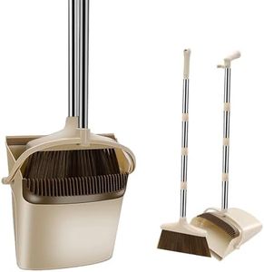 Broom and Dustpan Set, Long Handle Standing Dustpan and Broom Set with Dustpan Teeth, 4 Rows of Hair Plastic Broom Dustpan, Suitable for indoor outdoor garage kitchen room office halls