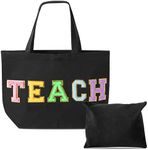 B1ykin 2Pcs Teacher Chenille Letter Patches Canvas Tote Bag, Black Tote Bag with Zipper Pocket, Travel Handbag Zipper Pouch Teach Appreciation Gifts for Women Graduation Retirement Work