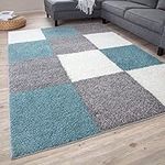 THE RUGS Area Rug – Modern Luxury Shaggy Rug, Multicolour Pattern Carpet, Ultra Soft for Bedroom, Living Room, Kids Room, (80x150 cm, Duckegg Blue)