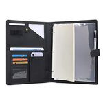 Wonderpool A4 Leather Portfolio Holder Ring File Document Case with Removable Binder Clipboard, Multi Pocket and Legal Pad for Business Organizer Interview and Meeting (Black)