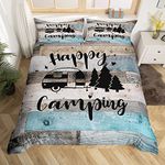 Happy Camping Duvet Cover Set Double for Girls Boys Kids Western Farmhouse Wood Bedding Set Bedspread Cover RV Camper Wild Adventure Comforter Cover with 2 Pillow Sham Zipper Ultra Soft Microfiber