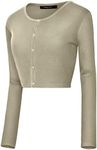 Urban CoCo Women's Button Down Crew Neck Cropped Cardigan Lightweight Shrug Kint Sweater, Khaki, X-Large