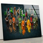 Myphotostation Spoon Spices Kitchen Tempered Glass Wall Art 35.5Wx30H''Food Wall Art Glass Printing Large Wall Art for Dining Room Kitchen Wall Decor idea Tempered Glass Panels Fruits Wall Art