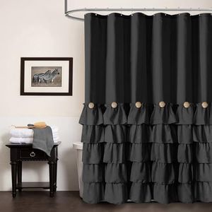 Seasonwood Extra Long Black Ruffle Shower Curtain 84 inch Shower Curtain Black Fabric Shower Curtains Nature Button Shabby Chic Ruffles and French Country Style 72 x 84 Shower Curtains