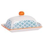 Nicola Spring Patterned Butter/Margarine Dish with Lid - 185mm (7.3 inches) - Blue/Orange Print