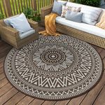 Outdoor Rug Waterproof 6x6 ft Boho Outdoor Carpet Round Portable RV Camping Rug Mat-Reversible Non Fading Outdoor Rug for Deck Picnic Balcony Backyard Porch Beach Outdoor Patio Decor Beige & Brown