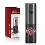 Electric Salt and Pepper Grinder Set, EAGMAK Battery Powered Automatic 70ml Pepper Mill Grinders, Stainless Steel Mill Shakers with Adjustable Coarseness, LED Light & Storage Base (1 Pack,Dark Grey)