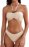 ZAFUL Women's Halter Bandeau Bikini Beaded Tie Back String Bikini Set Push Up Two Piece Swimsuit Bathing Suits, 1-beige, Small