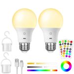 USB Rechargeable Light Bulb With Remote Control, 8W Smart RGB Color Changing Bulb, 9+3 Color Temperature, E27 LED Dimmable Touch Control Bulbs With Timing Function, 2600mah Battery Powered, A19,2 PACK