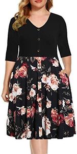 BEDOAR Women's Casual Plus Size Dress V-Neck Knee-Length A-Line Party Cocktail Swing Dress with Pockets, Black Floral, 22 Plus