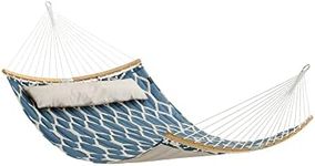 SONGMICS Hammock, Quilted Hammock with Curved Bamboo Spreaders, Pillow, 78.7 x 55.1 Inches, Portable Padded Hammock Holds up to 495 lb, Blue and Beige Rhombus UGDC034I02