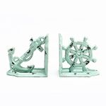 Phaxth Nautical Decorative Bookends, 2 Pack Anchor and Helm Book Ends, Distressed Blue