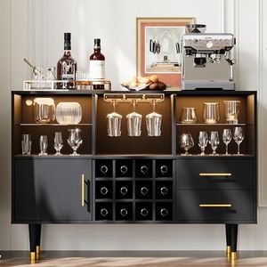 Bar Cabinet and Coffee Bar Table - LED Light Charging Station, Buffet Sideboard with Storage - Ideal for Buffets & Sideboards, Liquor and Wine Cabinets for Home 47.2 inch Black