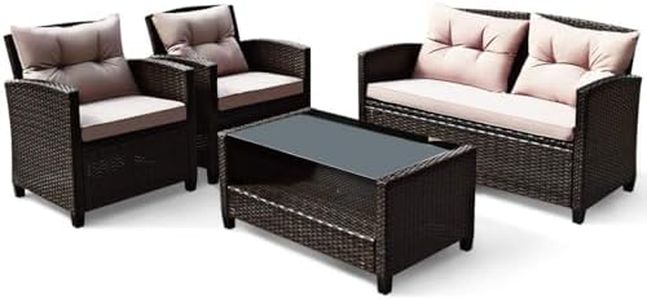 DORTALA 4 Piece Wicker Patio Furniture Set, PE Rattan Outdoor Conversation Sets with Loveseat, Chairs & Coffee Table for Backyard, Porch, Garden and Poolside, Brown
