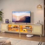 Bestier 80 Inch Natural Rattan TV Stand with Storage for 85 Inch TV, 4-in-1 Mid Century Modern Entertainment Center with LED Lights, Doors and Adjustable Glass Shelves for Living Room, Natural