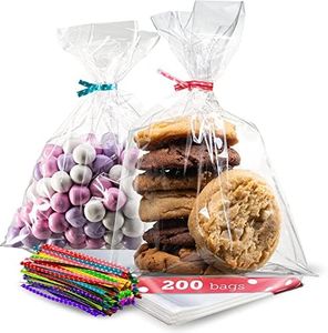 Prestee 200pk Clear Plastic Cellophane Bags, 6x10 w/ 4" Twist Ties - Goody Bags, Candy Bags for Candy Buffet, Cookie Bags for Gift Giving, Clear Treat Bags with Ties, Cellophane Treat Bags (200 Pack)