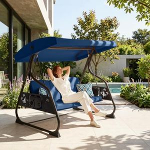 HugCoz 3 Seat Outdoor Porch Patio Swing with Stand & Canopy for Yard