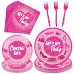 durony 96 Pieces Let's Go Party Supplies Serve 24 Guests Hot Pink Birthday Party Plates Disposable Paper Napkins Forks Bachelorette Decorations for Birthday Disco Pink Girl Party Decorations