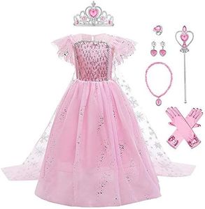 IWEMEK Filles Déguisements Princesse Elsa Robe Longue avec Cape + Accessoires Reine des Neige 2 Costume de Carnaval Halloween Noël Robes de fête d'anniversaire Enfants Rose Set 5-6 Ans
