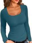 VICHYIE Womens Long Sleeved Shirt Ribbed Knit Square Neck Slim Fitted Casual Fall Tops Basic Tunic Teal S