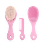 Mocarheri 3 Pieces Baby Hair Brush and Comb Set for Newborns & Toddlers- Soft Goat Bristle Hair Brush, Silicone Bath Brush and Baby Comb for Infant, Kids (Pink)