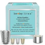 Lovley Lites Soy Tealight Candles Unscented - 36 Premium Long Burning Tea Lights, 1 Inch Tall White Non Scented Soy Wax Tealights + Glass Candle Holder