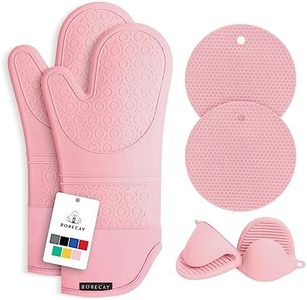 Rorecay Extra Long Oven Mitts and Pot Holders Sets: Heat Resistant Silicone Oven Mittens with Mini Oven Gloves and Hot Pads Potholders for Kitchen Baking Cooking, Quilted Liner, Pack of 6 (Pink)