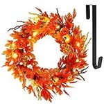 Twinkle Star Lighted Fall Wreath with Metal Hanger, 16" Pre-lit Autumn Harvest Wreaths with 20 LED Lights, Artificial Maple Leaves Pumpkins and Berries, Front Door Wall Thanksgiving Decorations