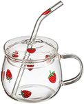 JHNIF 10 Oz Lovely Strawberry Clear Glass Mug with Lid and Straw.