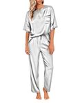 Ekouaer Women's Satin Silky Pajama Set Short Sleeve Shirt with Long Pajama Pant Set Soft PJ Loungewear Grey L