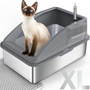 FURTIME XL Cat Litter Box Stainless Steel, Large Cat Litter Tray Stainless Steel, 20L Litter Box Tray with Litter Scoop & Mat, Good for Large Medium Cats