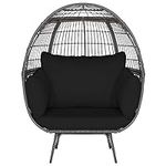 Tangkula PE Wicker Egg Chair, Patiojoy Oversized Indoor Outdoor Patio Lounge Chair with Cushions and Pillows, Steel Frame Basket Chair for Garden, Deck, Balcony, Living Room (Black)