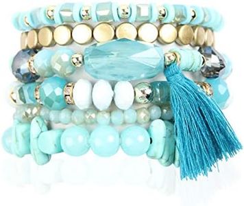 Coin Bead Multi Layer Versatile Statement Bracelets - Stackable Beaded Strand Stretch Bangles Sparkly Crystal, Tassel Charm (Turquoise)