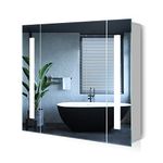 Quavikey® Bathroom Mirror Cabinets with Lights and Shaver Socket Grey Bathroom Storage Cabinet Wall Mounted with Shelf 650x600