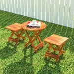 Handmade Wooden Outdoor Wood Standard Foldable Patio Dining Set for Balcony Garden and Outdoor | 2 Chairs and Round Table | Natural Finis h(Table - 23.5 x 24 Inch) (Chair - 15 x 16 x 17 Inch)