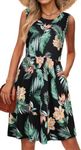 Sundresses for Women Pleated Loose Swing Tank Flower Print Hawaiian Dress(Black Green Leaves,L)