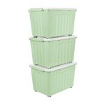 Cetomo 55L*3 Storage Boxes with Wheels, Plastic Storage Box with Lid, Latching Buckles, Click Closure, Stackable, Nesting, Durable Organizer for Home Office Clothes, Green, 55L-3 Pack