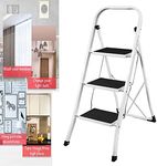3 Step Ladder, Heavy Duty Steel, Folding, Portable Kitchen Stool With Anti-Slip Mat, Ideal for Home/Kitchen/Garage/Office/Market/Garden Black