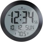 Marathon CL030069BS Round Digital Wall Clock with Date and Indoor Temperature. Large 8.5 Inches Diameter with Fold-Out Table Stand and Batteries Included (Black Stainless Finish)