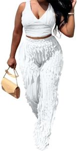 PRIVIMIX Women 2 Piece Outfits Sexy See Through Backless Top Ruffle Wide Leg Palazzo Pants Sheer Mesh Trousers Set