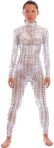Seeksmile Unisex Hollow-Carved Shiny Dancewear Catsuit Bodysuit (XX-Large, Silver)