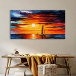 DEKORSTATION Nature Sunset Landscape Canvas Paintings for Living Room Drawing Room Boat on the Sea Canvas Wall Painting Floating Frame For Home|Office|Living Room (24 x 48 Inchs)