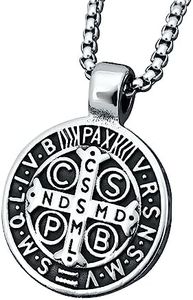enhong Mens Stainless Steel St Benedict Medal Necklace,Silver Catholic Medalla Cross Demon Protection Roman Exorcism Pendant Ghost Hunter 20 Inch